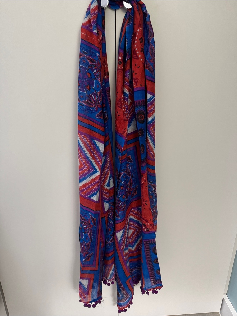 Vibrant Red & Blue Patterned Scarf